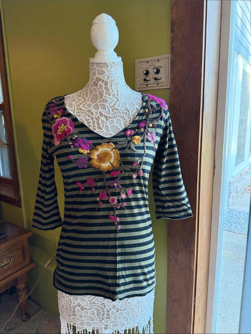 Johnny Was Olive & Black Striped Embroidered Floral Tee